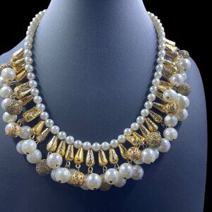 Pearl Gold Statement Necklace Layered Beaded Vintage Inspired Glam Jewelry